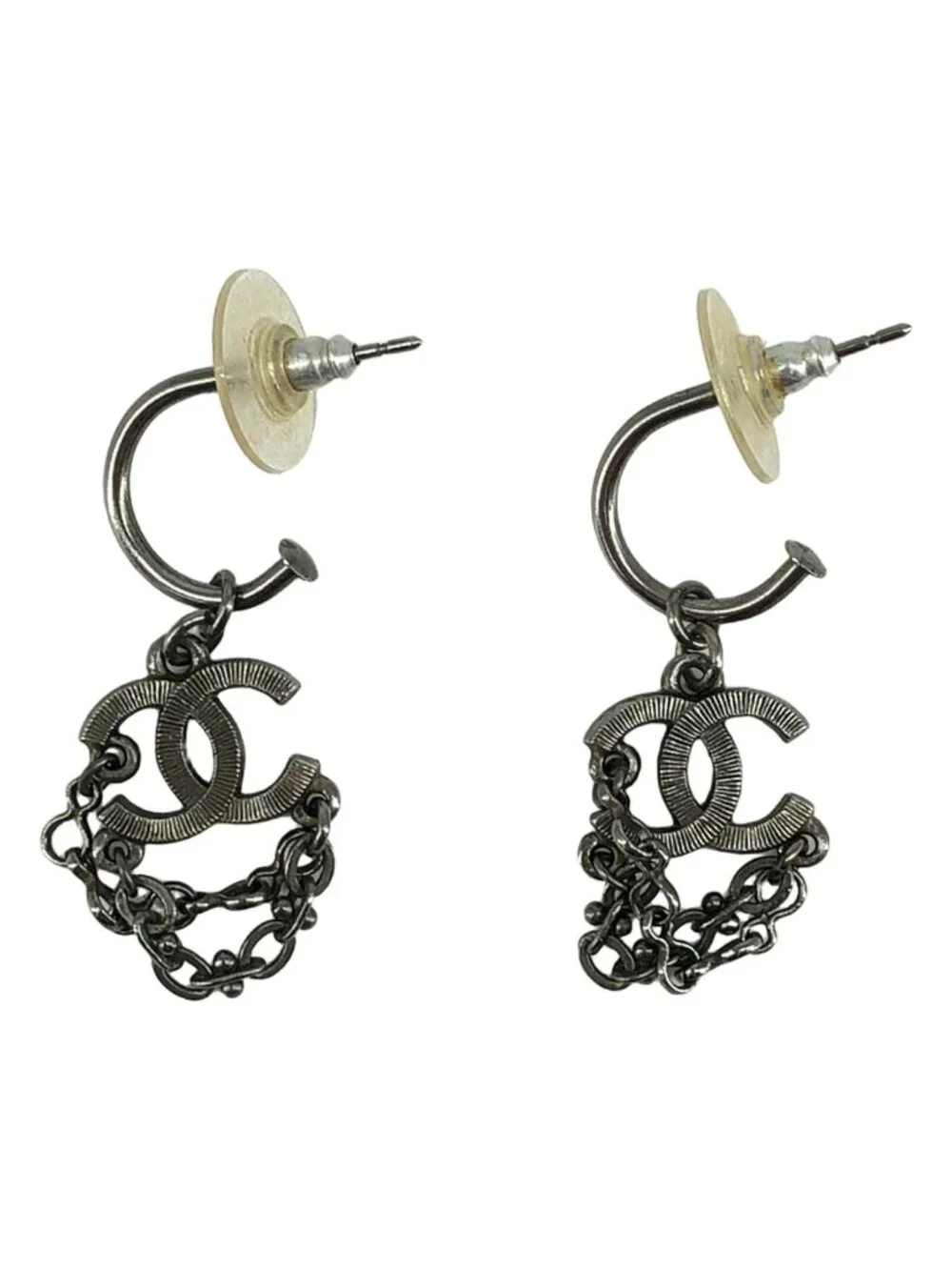 Chanel CC Logo Chain Earrings Silver